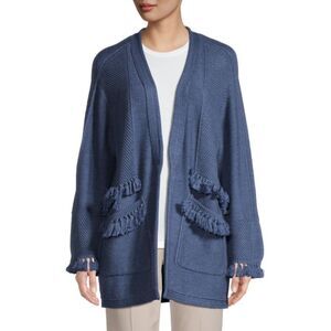 KOBI HALPERIN Skylar Merino Wool Open-Front Fringe Tassel Cardigan Blue Sweater
